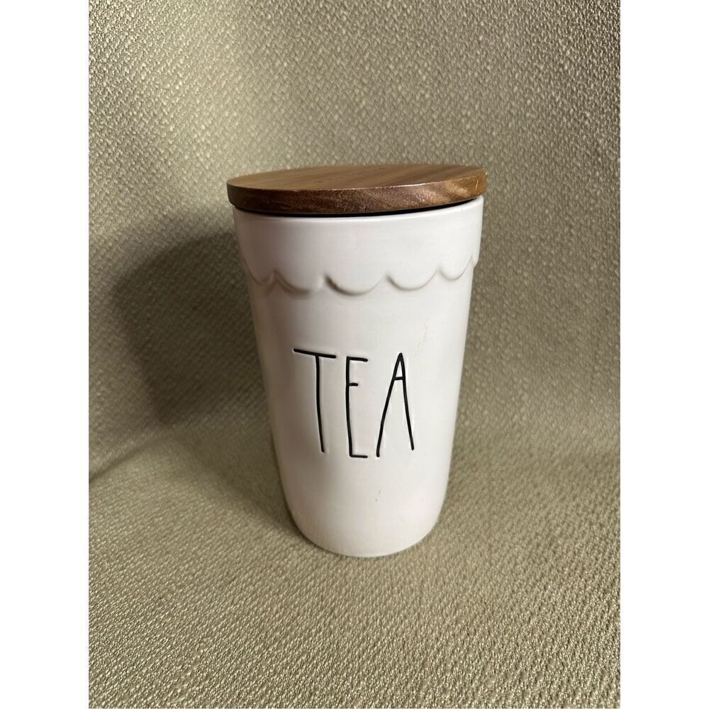 Rae Dunn TEA Cellar Canister Storage Ivory Brown Wood Lid Farmhouse 7” X 4”